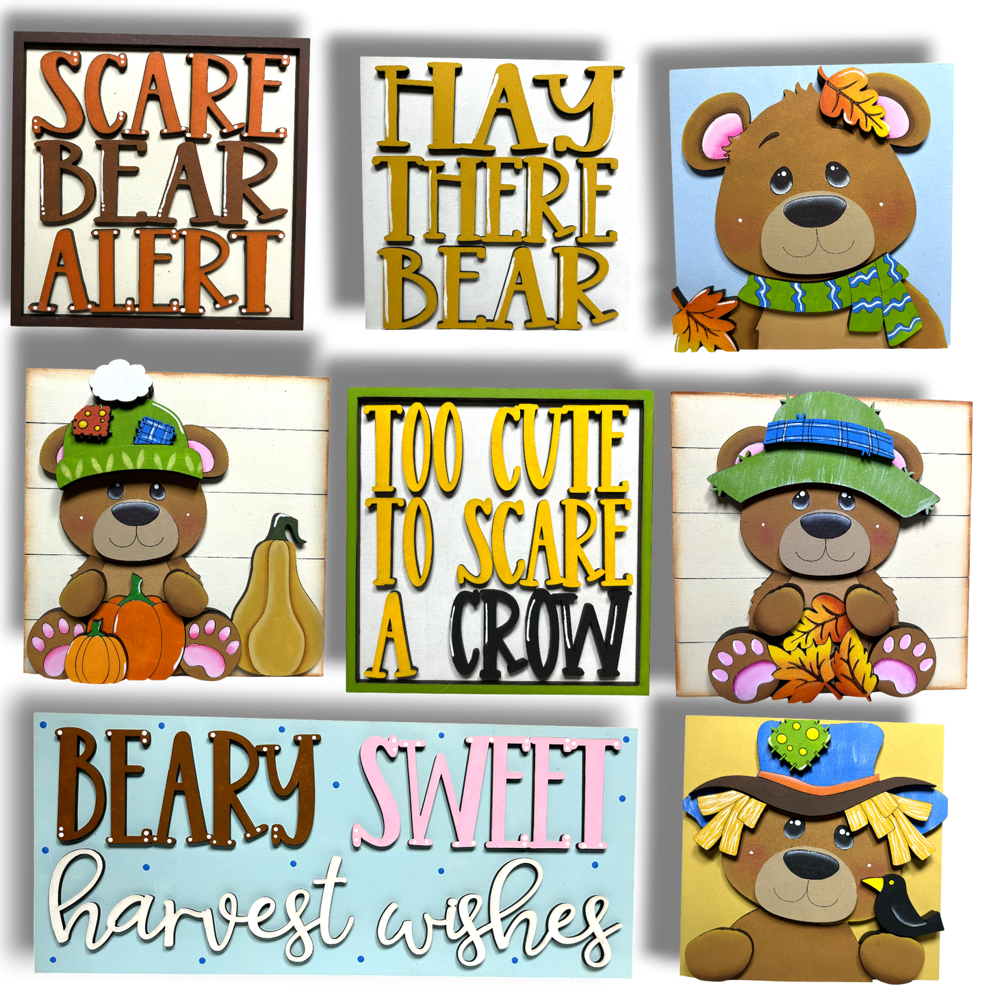 a collage of six different teddy bear illustrations, each with a unique message or phrase related to fall and harvest. The phrases include " Scare Bear Alert", " Scare There Bear", " Too Cute to Scare a Crow", " Beary Sweet harvest wishes", and " Beary Sweet harvest wishes".