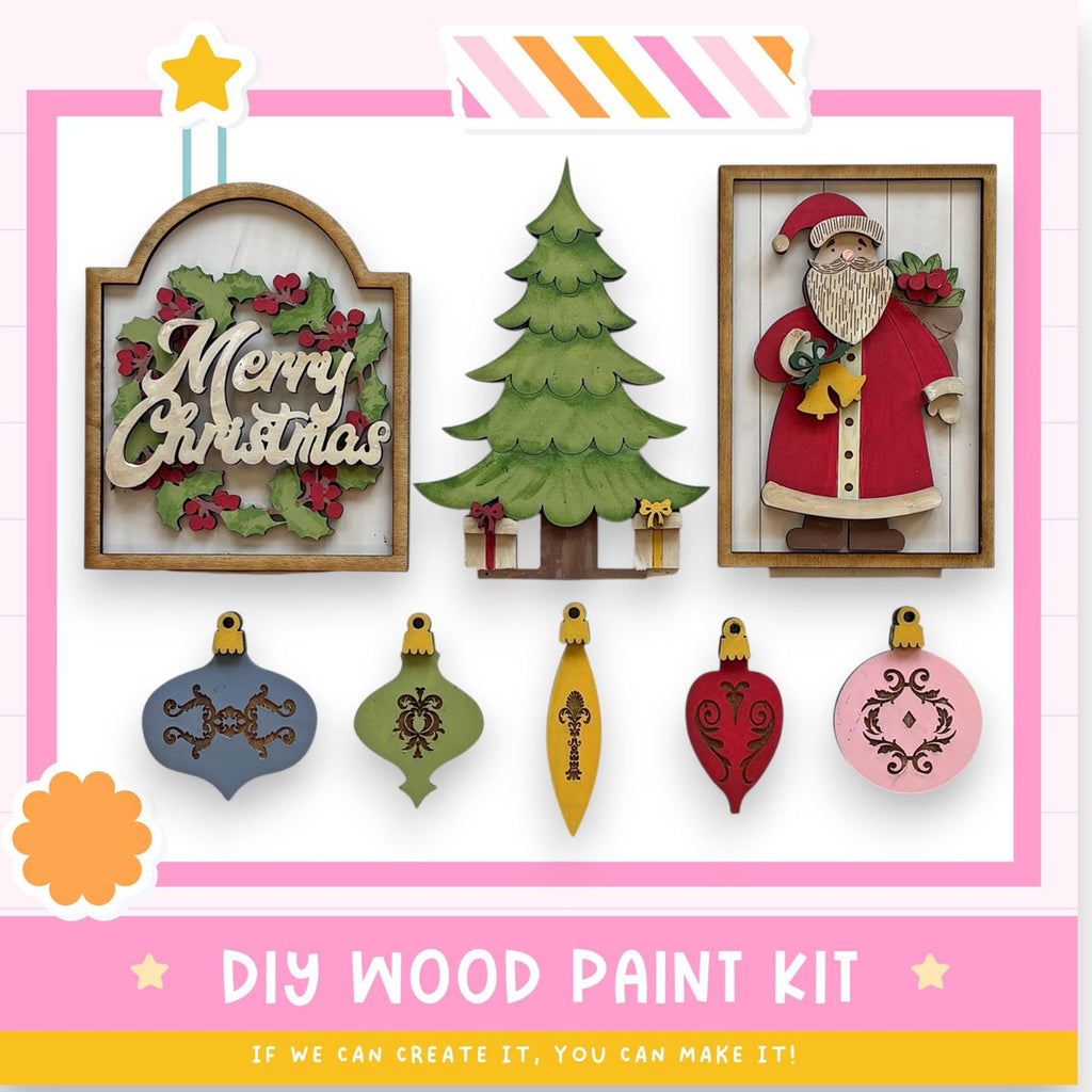 The image is a collage of various Christmas-themed items, including a framed picture of Santa Claus, a Christmas tree, ornaments, and a star. The text "Merry Christmas" is visible, suggesting a festive theme. The image also includes a DIY wood paint kit, indicating that the viewer can create their own Christmas decorations.