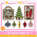 The image is a collage of various Christmas-themed items, including a framed picture of Santa Claus, a Christmas tree, ornaments, and a star. The text "Merry Christmas" is visible, suggesting a festive theme. The image also includes a DIY wood paint kit, indicating that the viewer can create their own Christmas decorations.