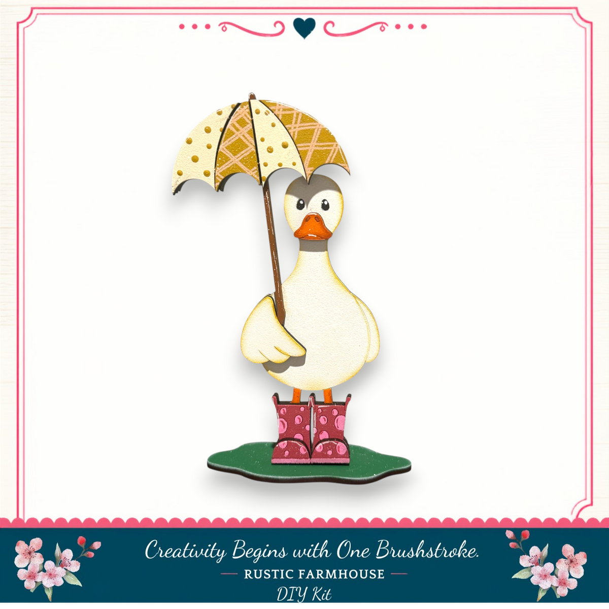 A cartoon duck holding an umbrella and wearing rain boots, standing on a green surface.