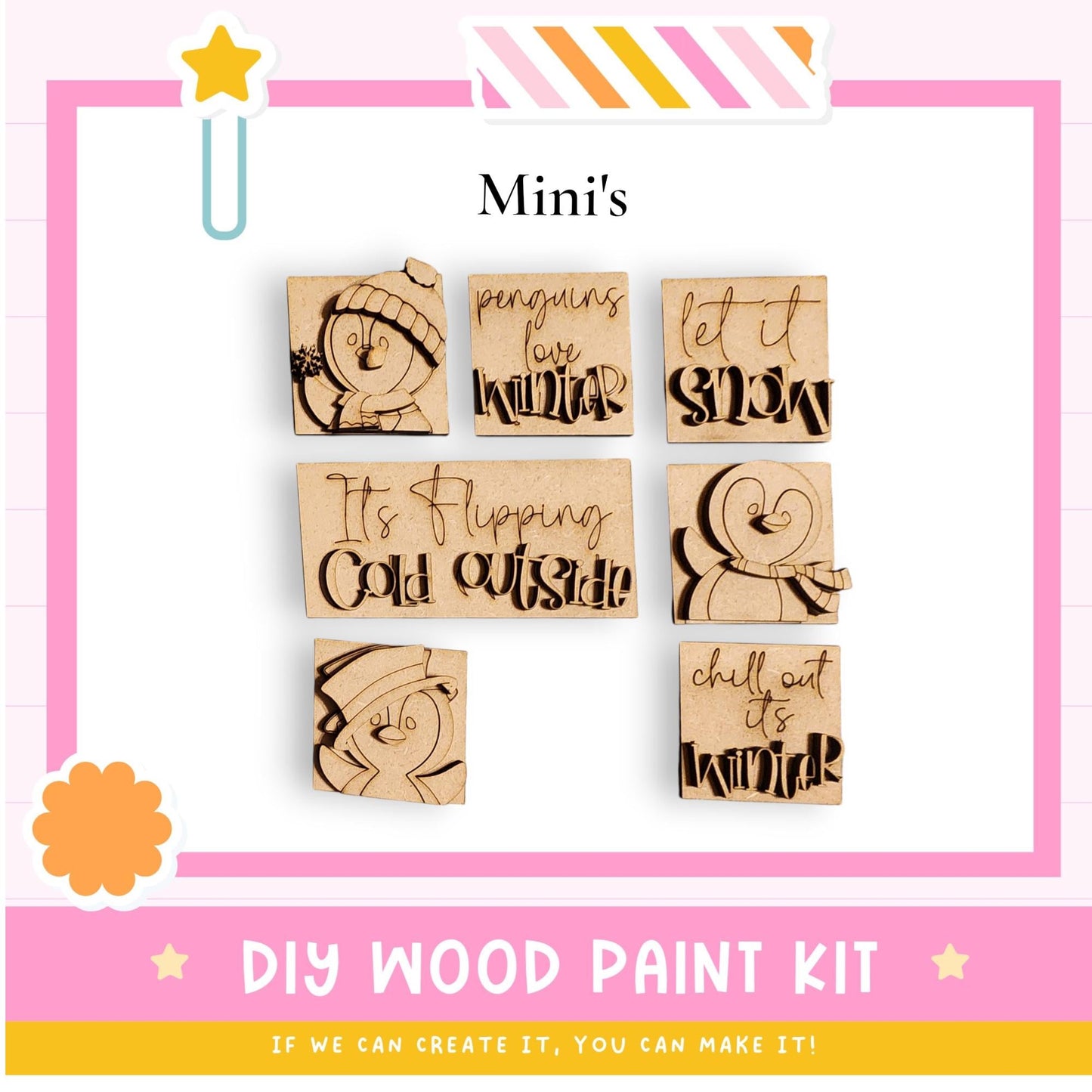 The image is a promotional poster for a DIY wood paint kit, featuring six wooden snowman stickers with winter-themed phrases.