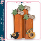 a DIY kit with a pumpkin and sunflower decoration, along with a bird and leaves. The kit appears to be a creative project that allows for customization and personalization.
