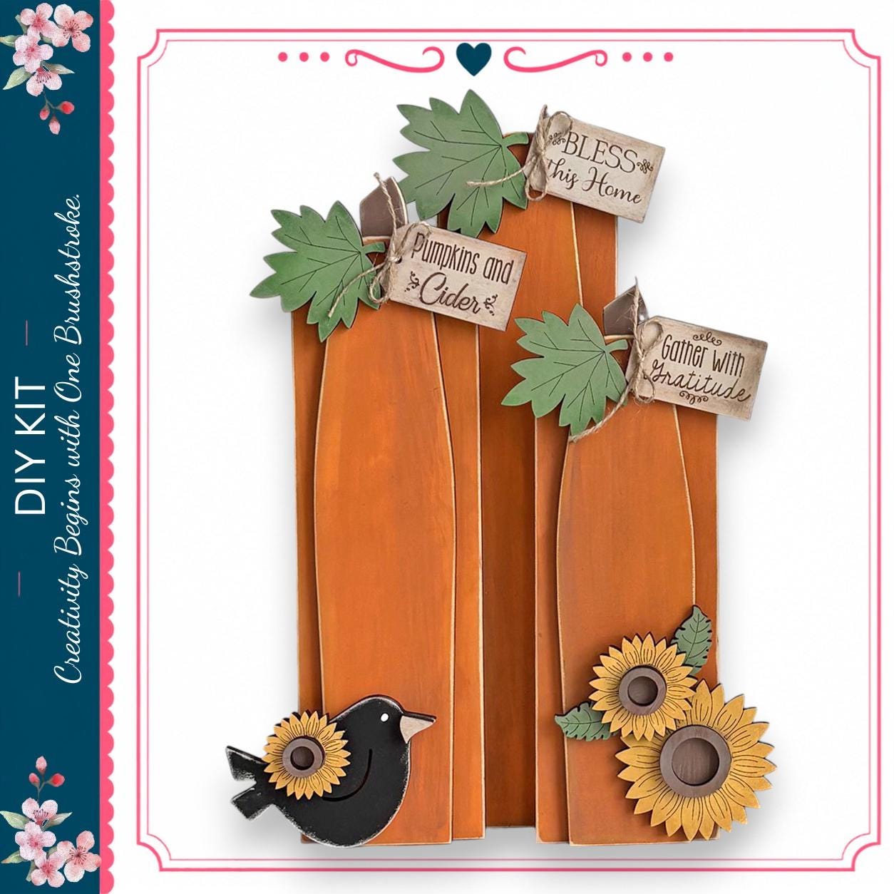 a DIY kit with a pumpkin and sunflower decoration, along with a bird and leaves. The kit appears to be a creative project that allows for customization and personalization.
