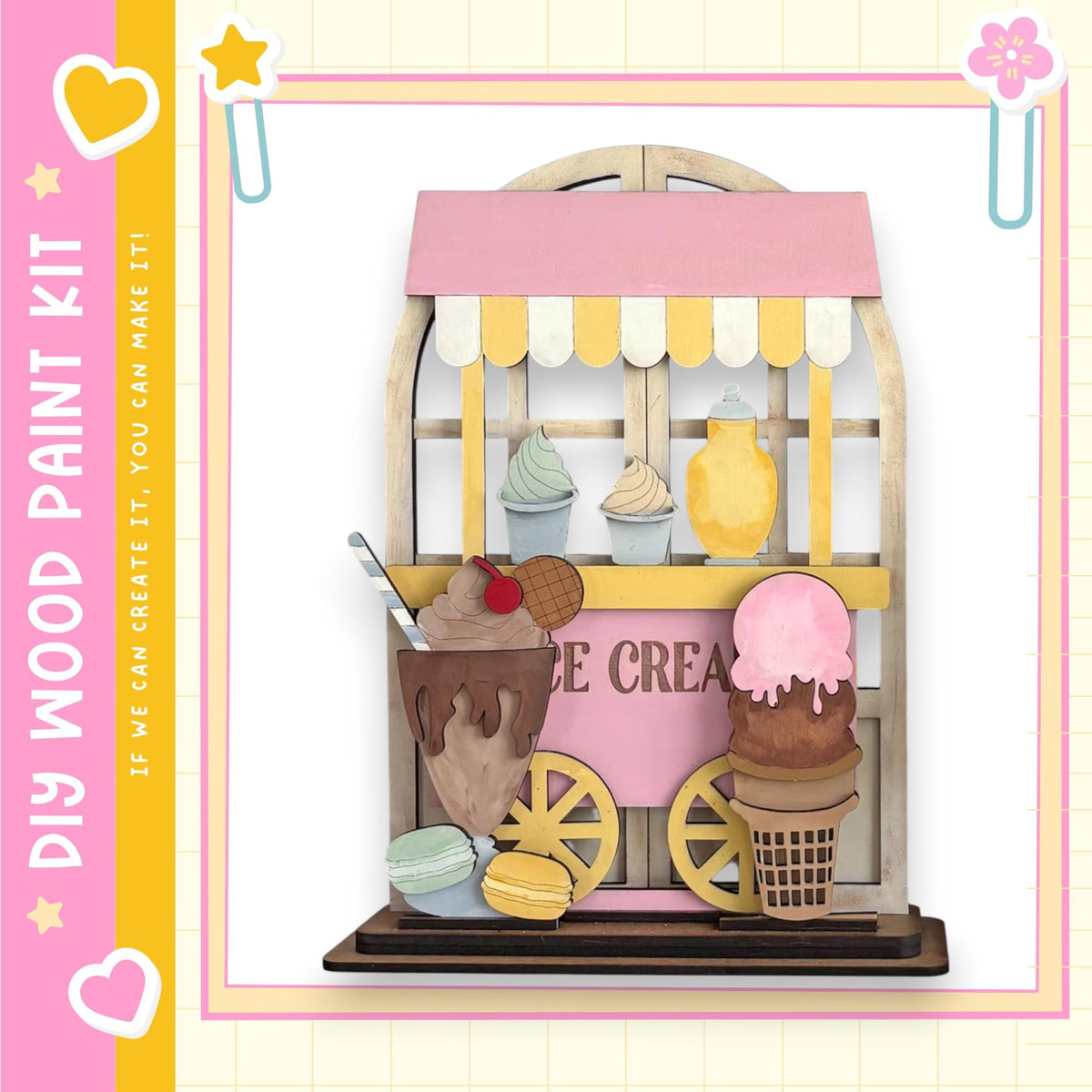 A wooden ice cream shop with various ice cream flavors and toppings displayed on shelves and in a cone.