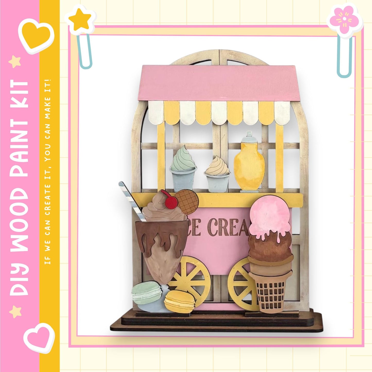 A wooden ice cream shop with various ice cream flavors and toppings displayed on shelves and in a cone.
