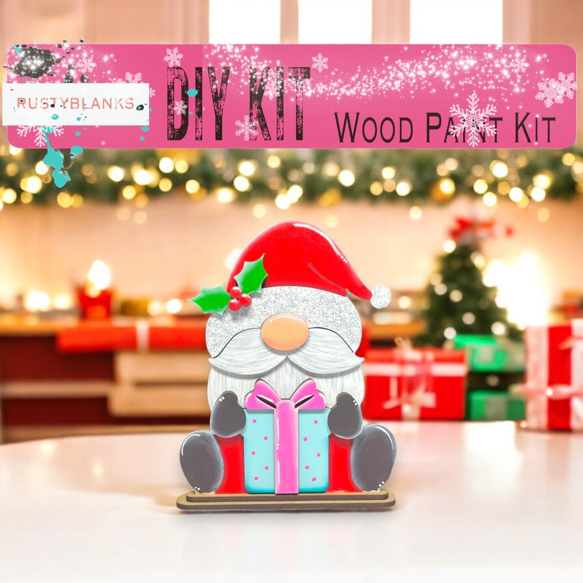 a wooden kit with a santa clause holding a present