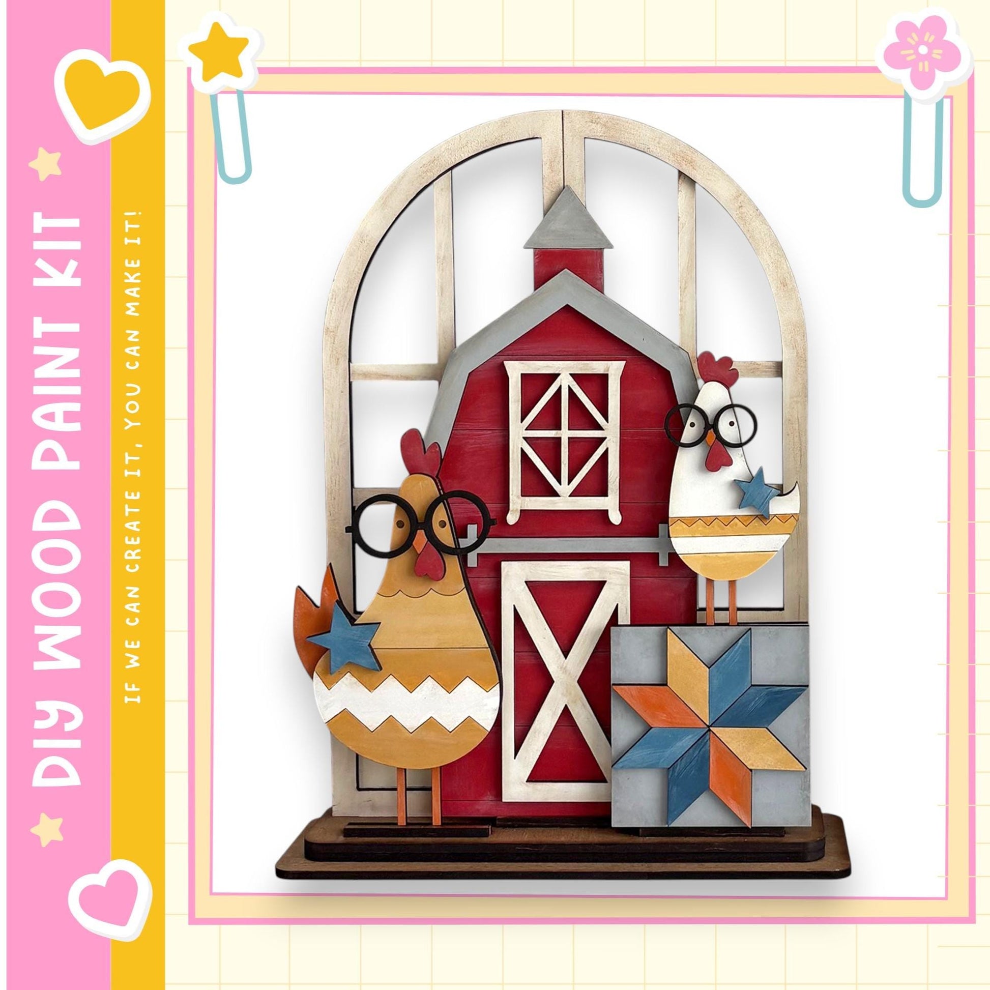 A wooden barn with two chickens wearing glasses, one wearing a star, and a quilt with a star pattern, all set against a pink and yellow background.
