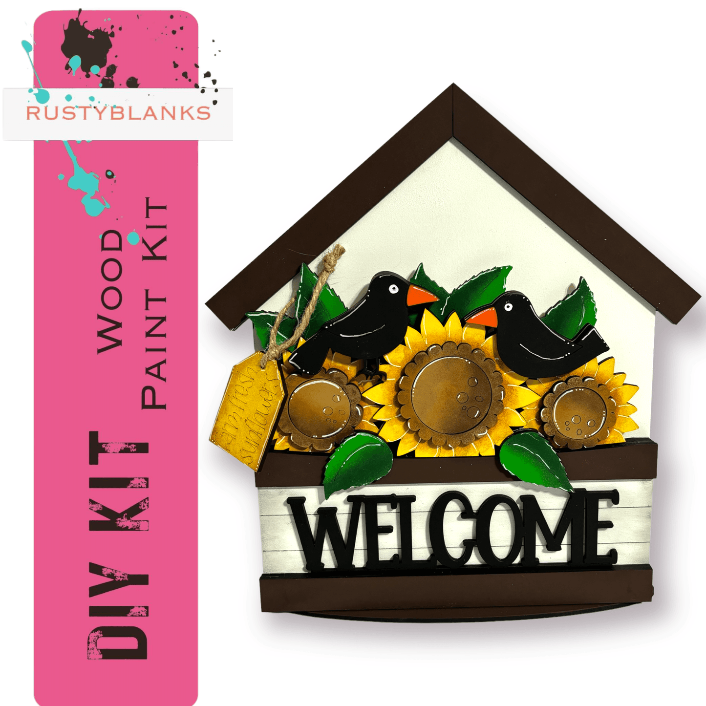 a bird house with a welcome sign and sunflowers