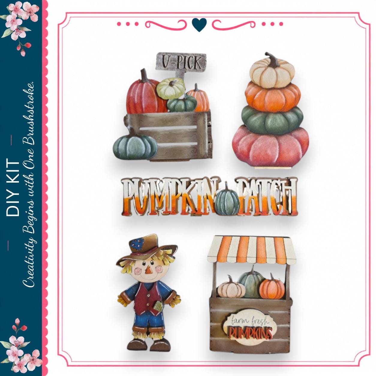 various fall-themed elements, including pumpkins, a scarecrow, and a sign that says "Pumpkin Patch".