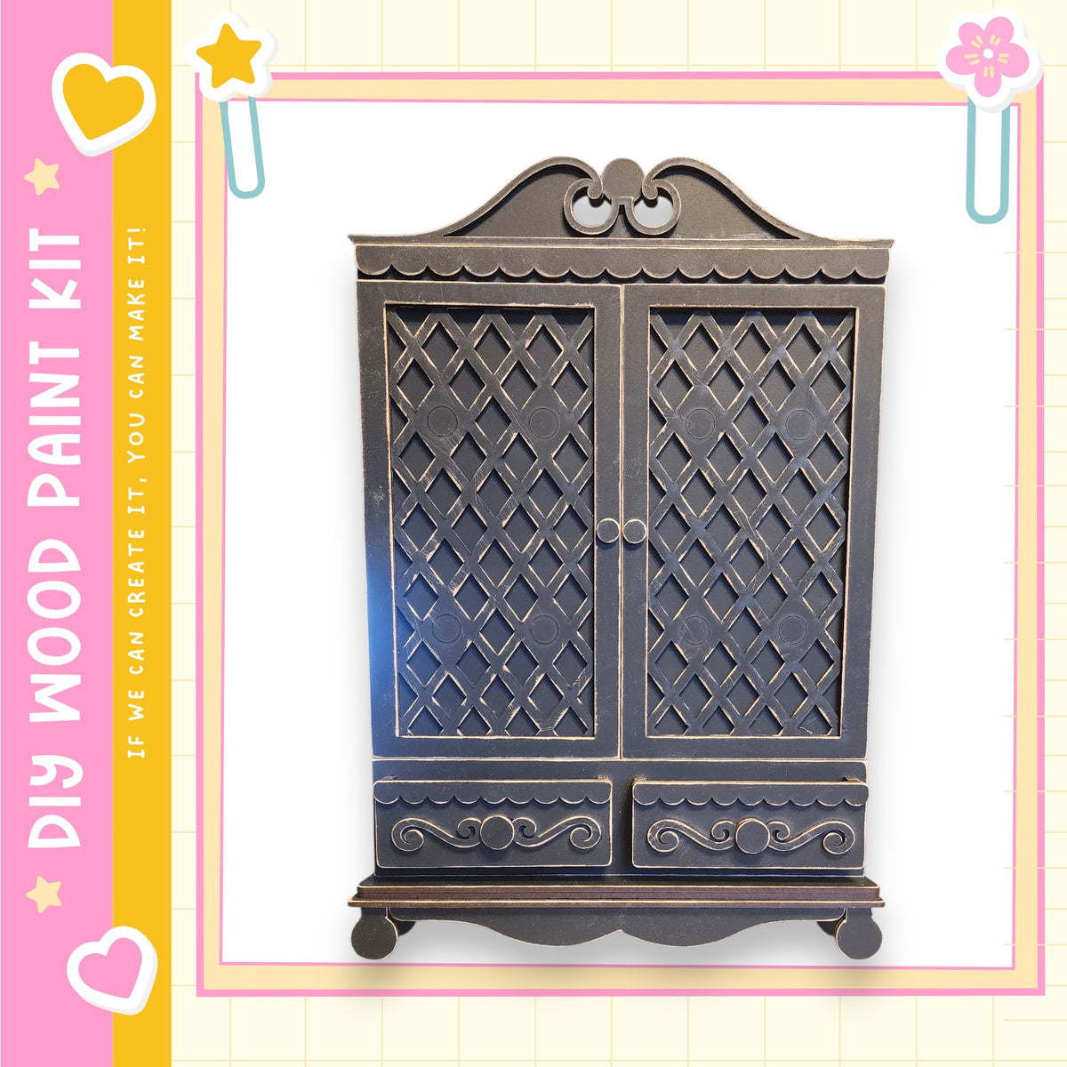 a wooden cabinet with intricate designs on its doors and drawers.