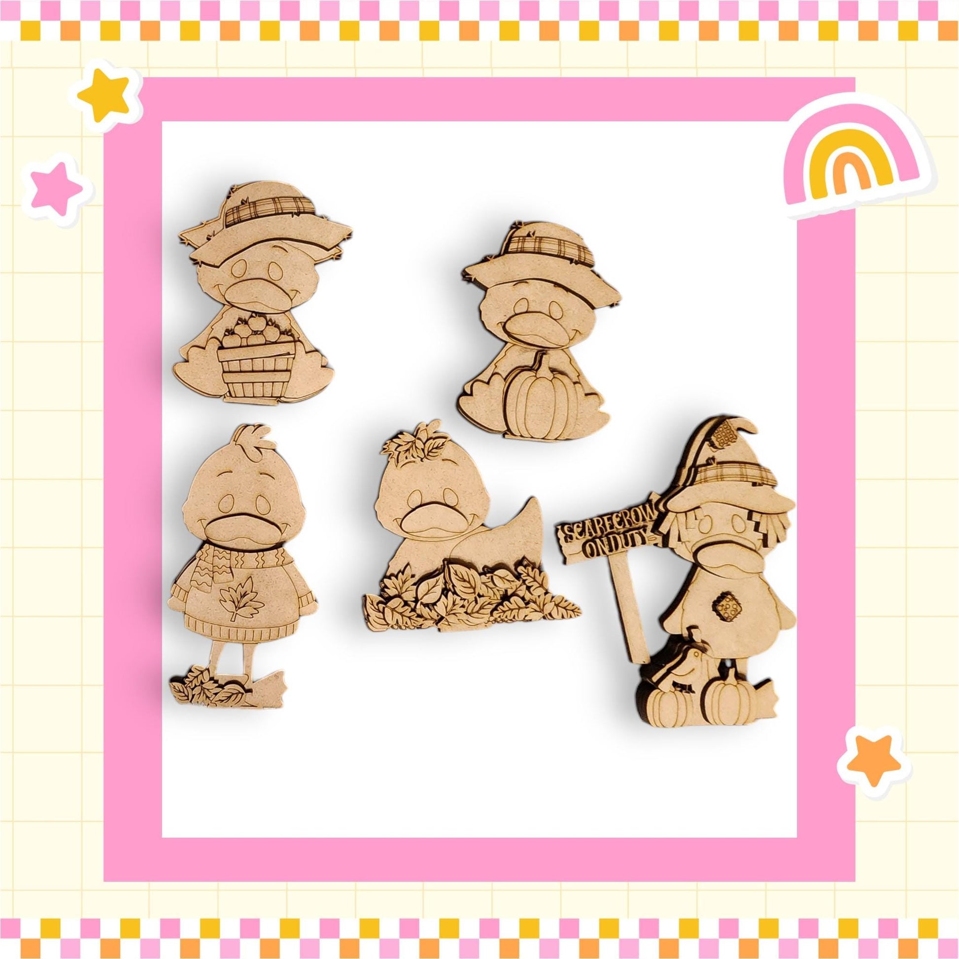 a collection of five wooden cutouts, each depicting a different character, including a duck, a pumpkin, and a sign.