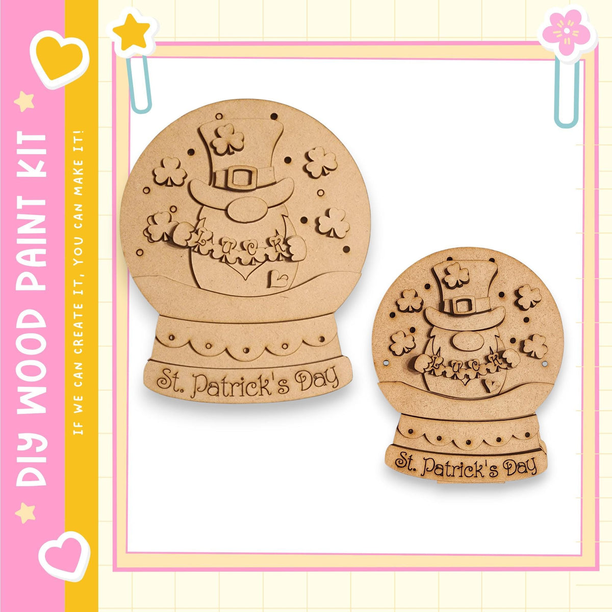 two wooden snow globes with the text "St. Patrick's Day" written on them.