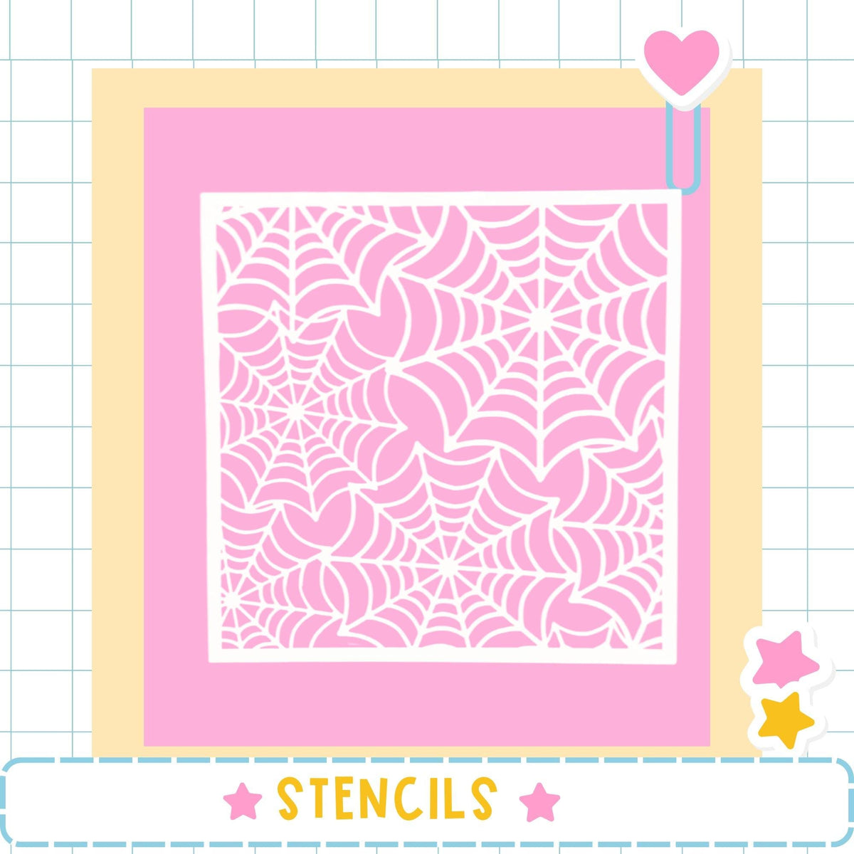 a pink background with a white spider web pattern.