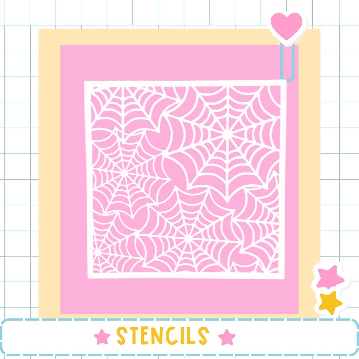 a pink background with a white spider web pattern.