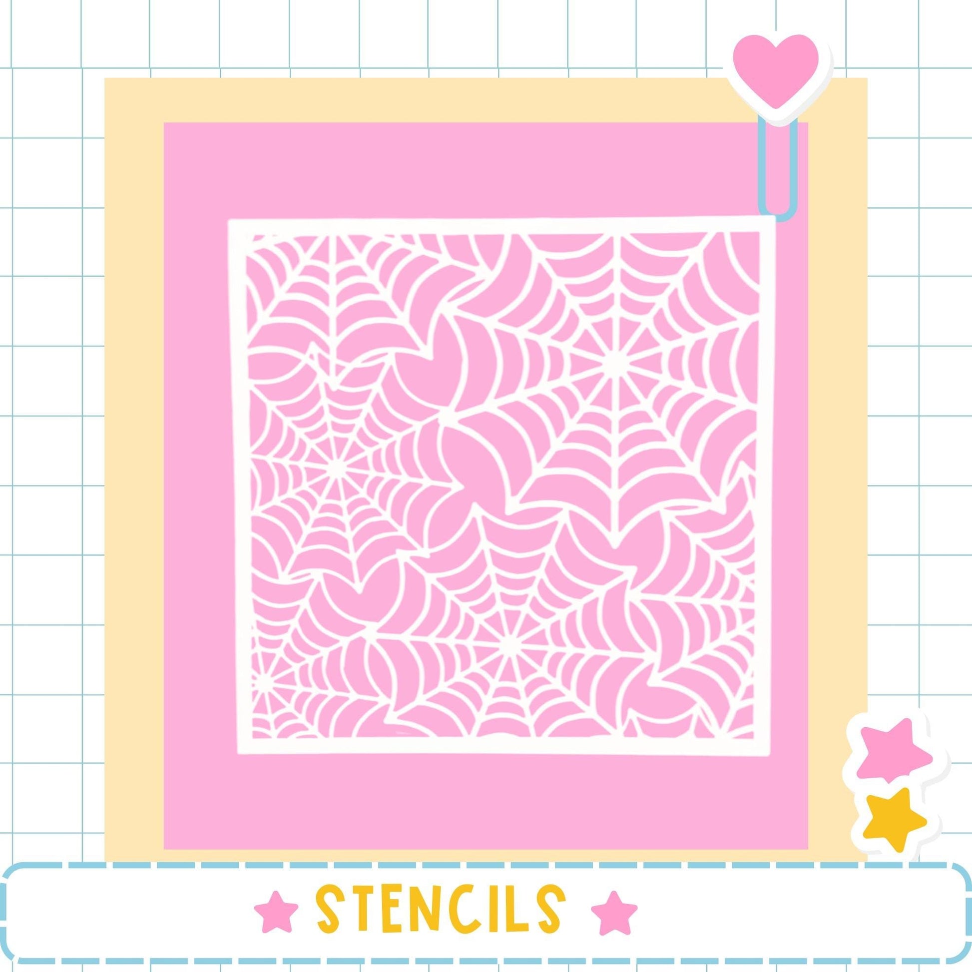 a pink background with a white spider web pattern.