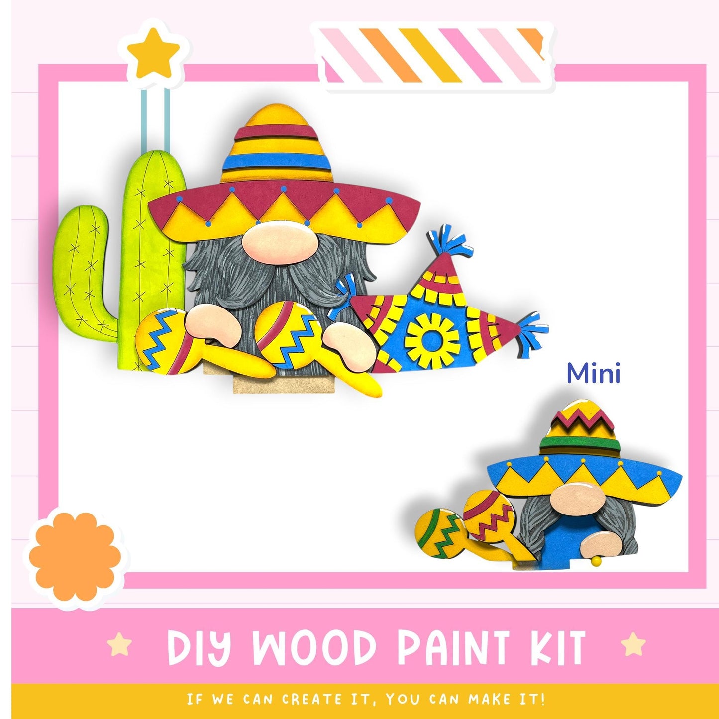 a DIY wood paint kit for creating wooden gnome decorations, including two gnome figurines wearing colorful sombreros and hats.