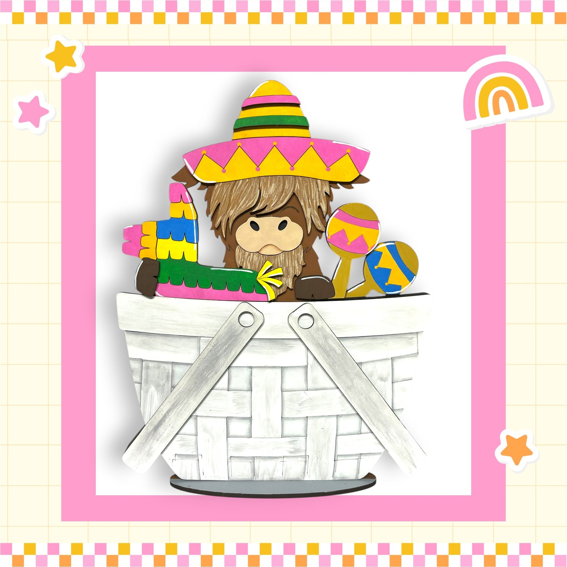 A cartoon horse wearing a sombrero and holding a colorful pinata is sitting in a basket, surrounded by a pink and yellow border with stars and a rainbow.