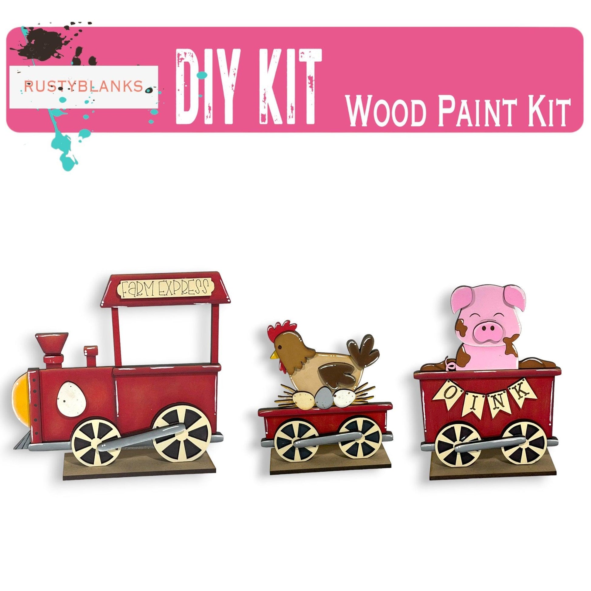 a wooden toy train with a pig on it