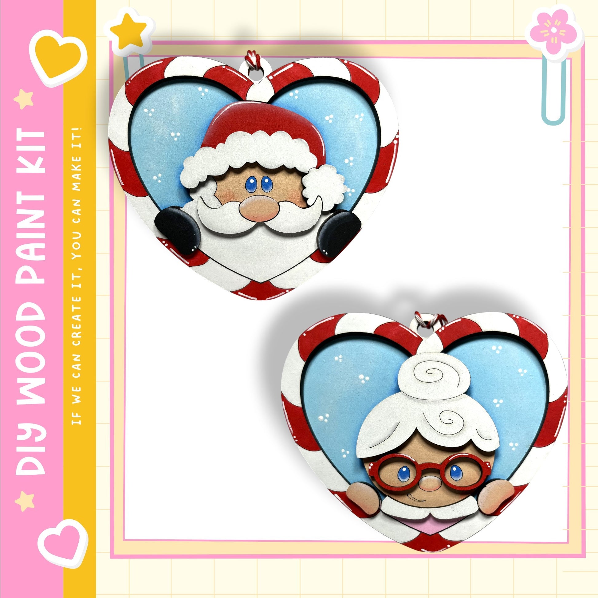 two heart-shaped ornaments, one depicting Santa Claus and the other an elderly woman, both wearing glasses and red and white striped hats.