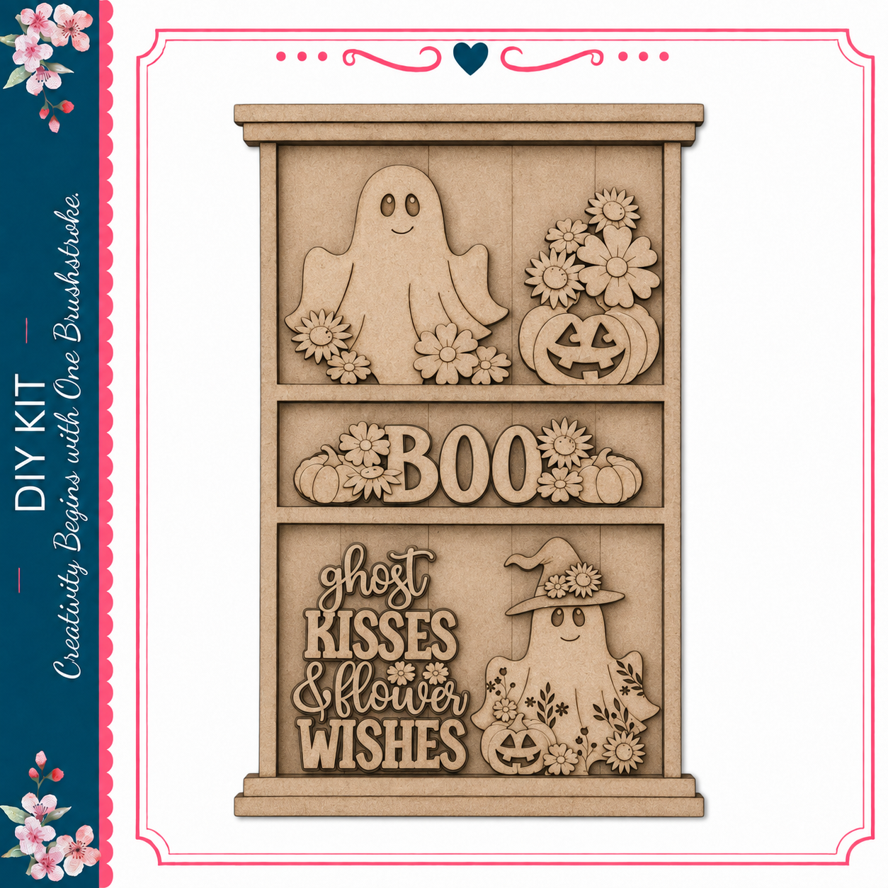 The image is a wooden cutout featuring a ghost and a witch, with the word "BOO" prominently displayed.