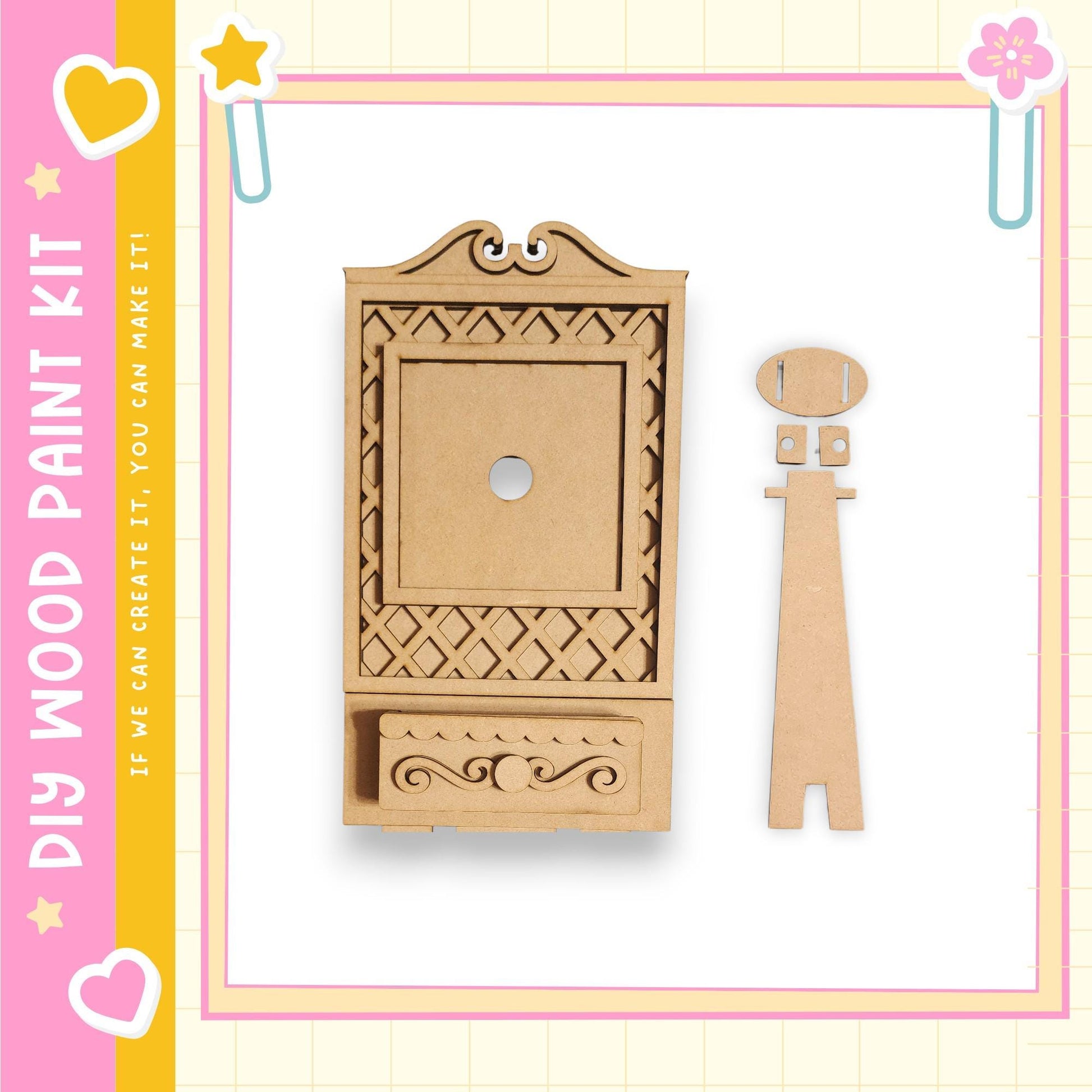 a wooden frame with a decorative design, and a small wooden figure next to it, both of which appear to be part of a DIY paint kit.