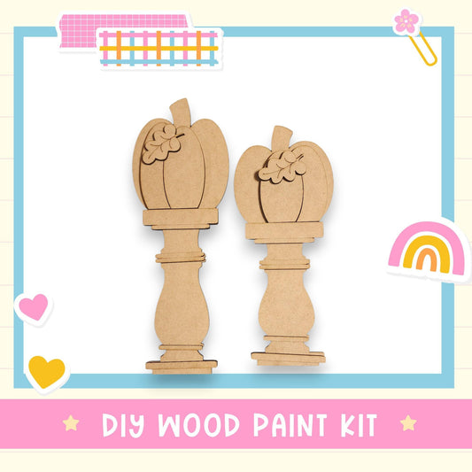 two wooden pumpkin planters, which appear to be part of a DIY wood paint kit.
