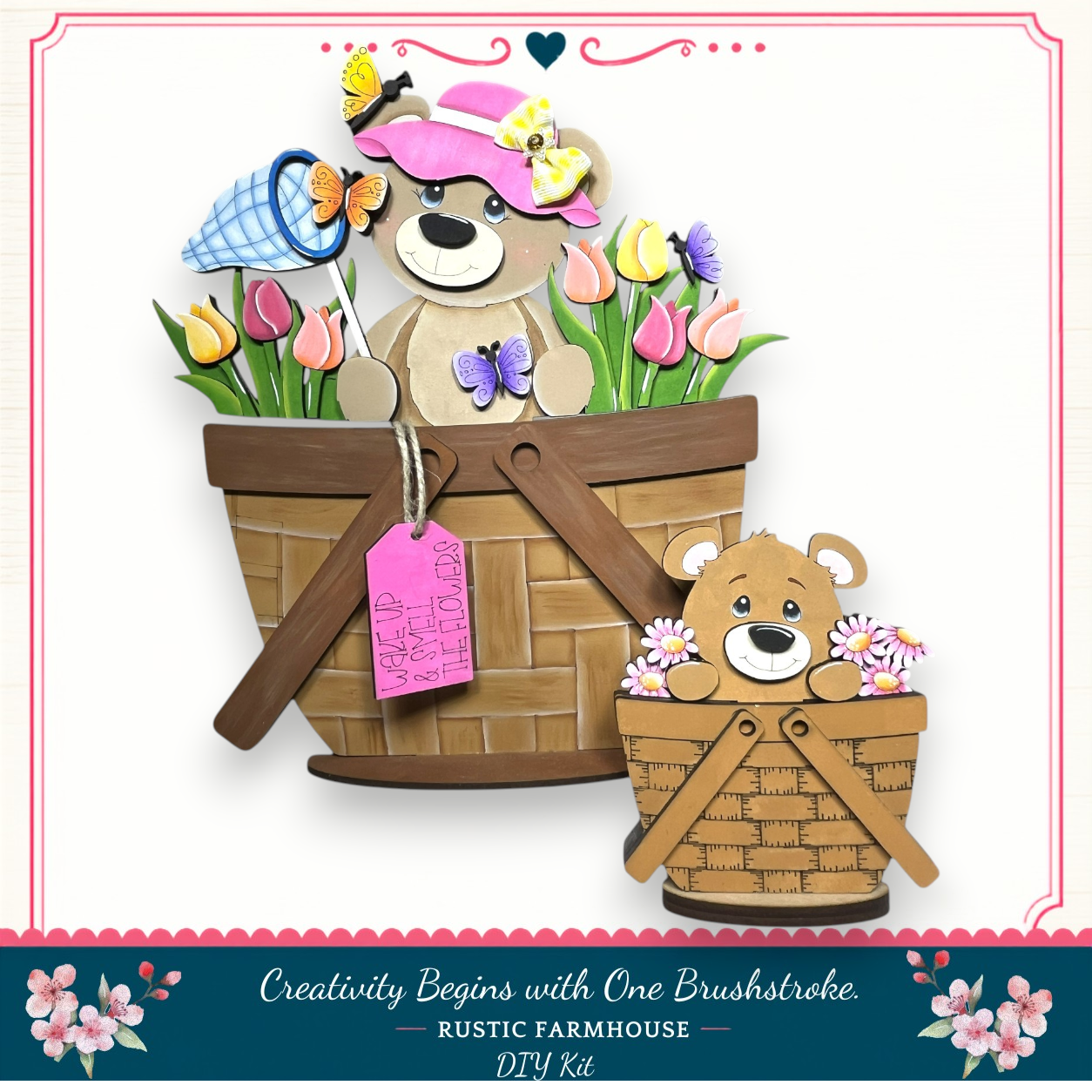 A wooden basket with a teddy bear and flowers inside, and a smaller wooden basket with a teddy bear and flowers inside, both decorated with colorful flowers and butterflies.