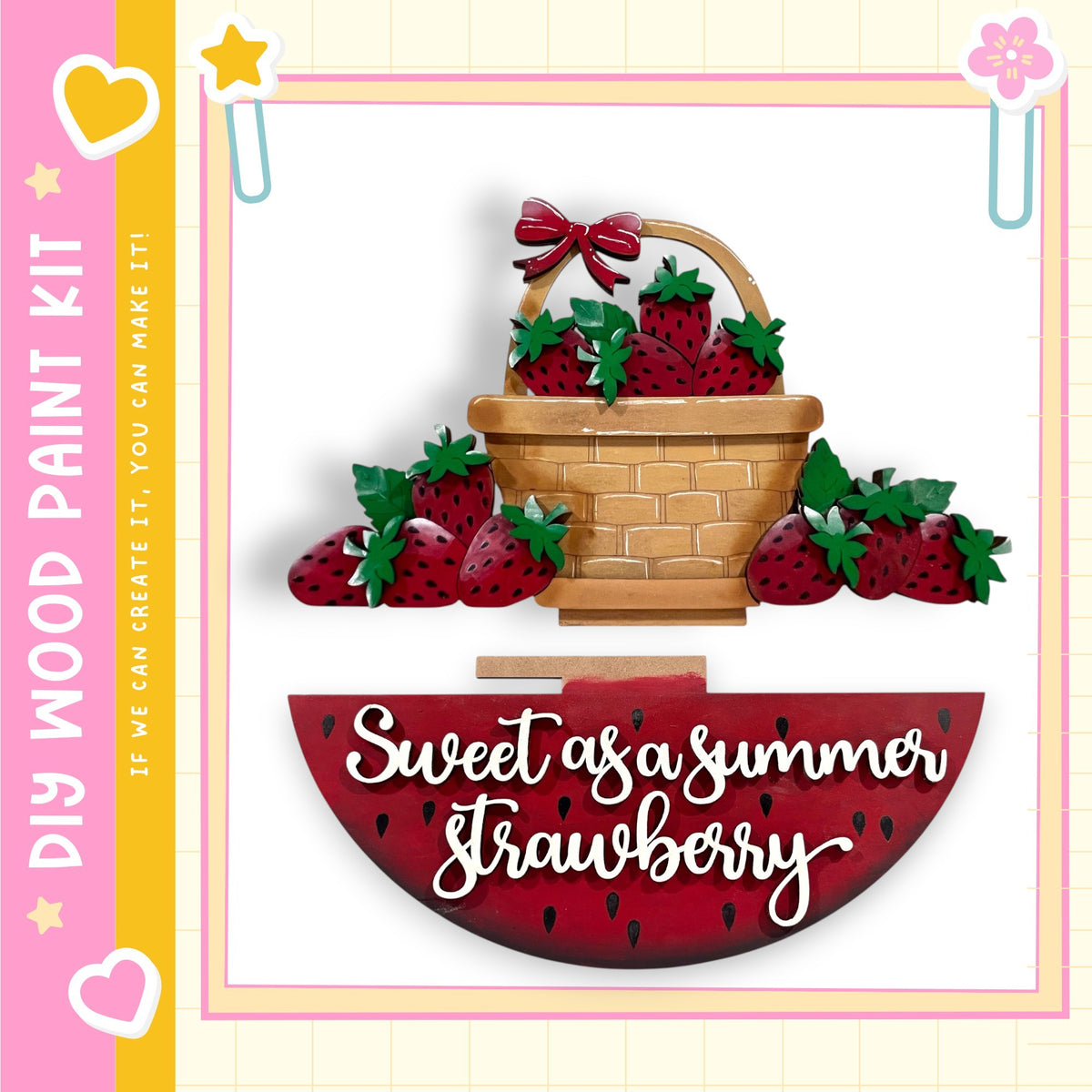 a basket filled with red strawberries, accompanied by a watermelon slice with the text "Sweet as a summer strawberry".