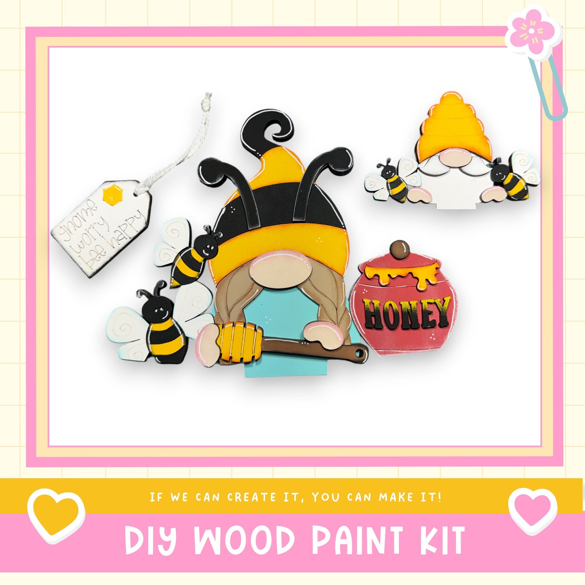 The image is a DIY wood paint kit featuring a gnome and a honey pot, with a tag that says "honey gnome happy".