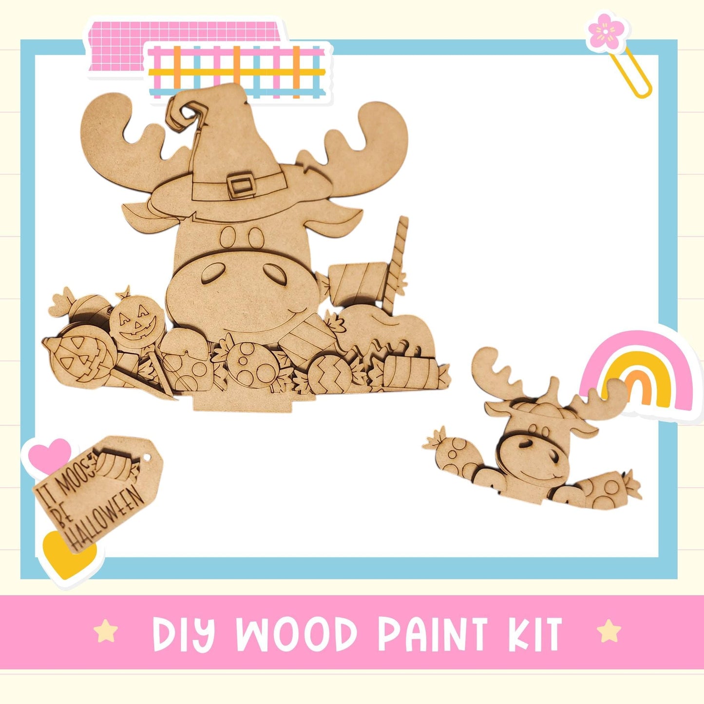 The image is a DIY wood paint kit featuring a wooden moose and a carved pumpkin, along with other Halloween-themed decorations.