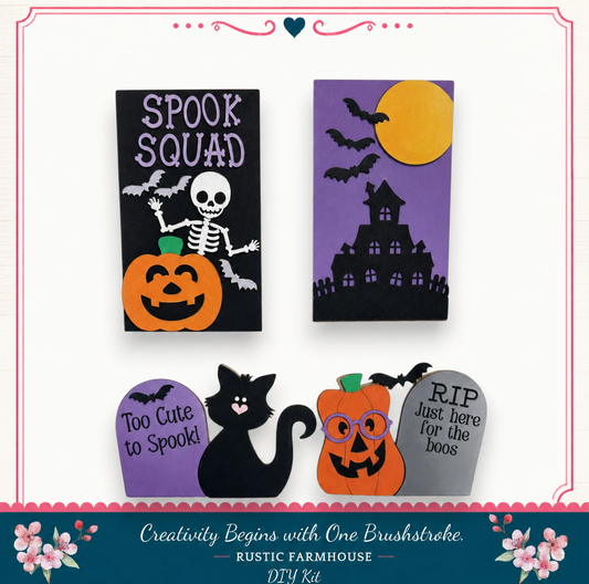 a Halloween-themed collage with various spooky and festive elements, including a skeleton, a jack-o-lantern, a witch's broomstick, a black cat, a pumpkin, a skeleton, a house, bats, a full moon, and a graveyard marker.