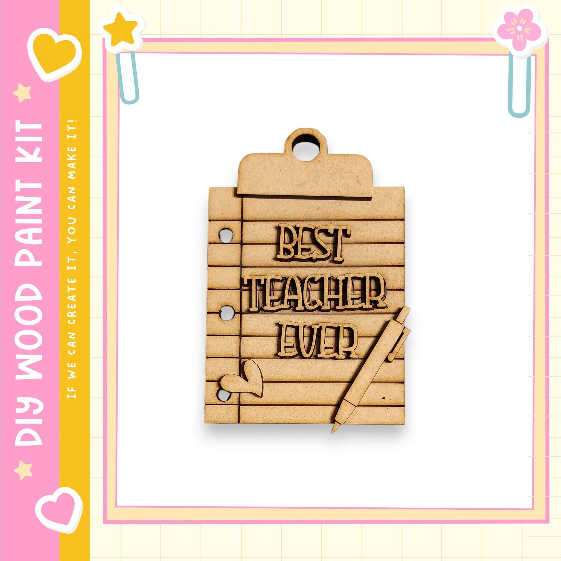 A wooden pendant with the text "BEST TEACHER EVER" engraved on it, along with a pencil and a heart.