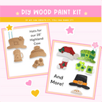 a wooden craft kit with a picture of hats and other items