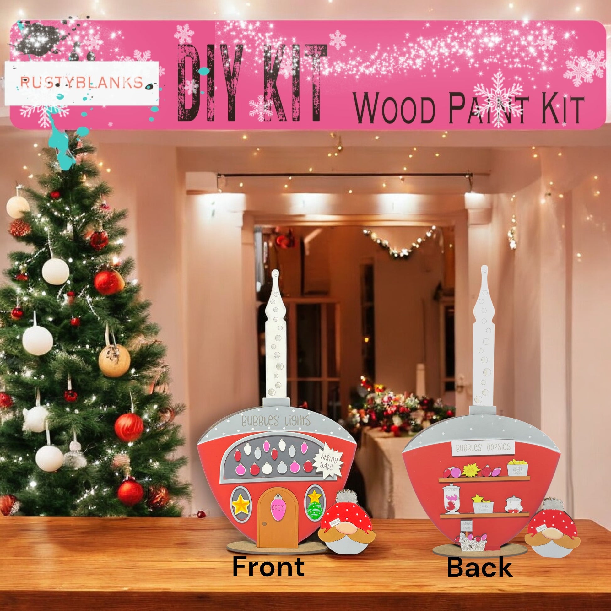 a christmas tree is in front of a wooden part kit