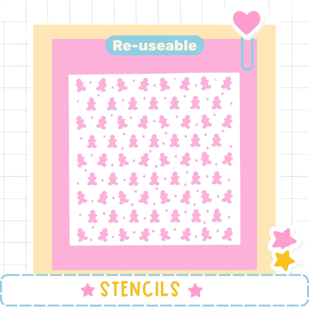The image is a pink and white square with a repeating pattern of pink gummy bear shapes. The word "Re-useable" is displayed above the pattern, and the word "STENCILS" is shown at the bottom of the image.