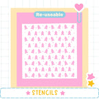 The image is a pink and white square with a repeating pattern of pink gummy bear shapes. The word "Re-useable" is displayed above the pattern, and the word "STENCILS" is shown at the bottom of the image.
