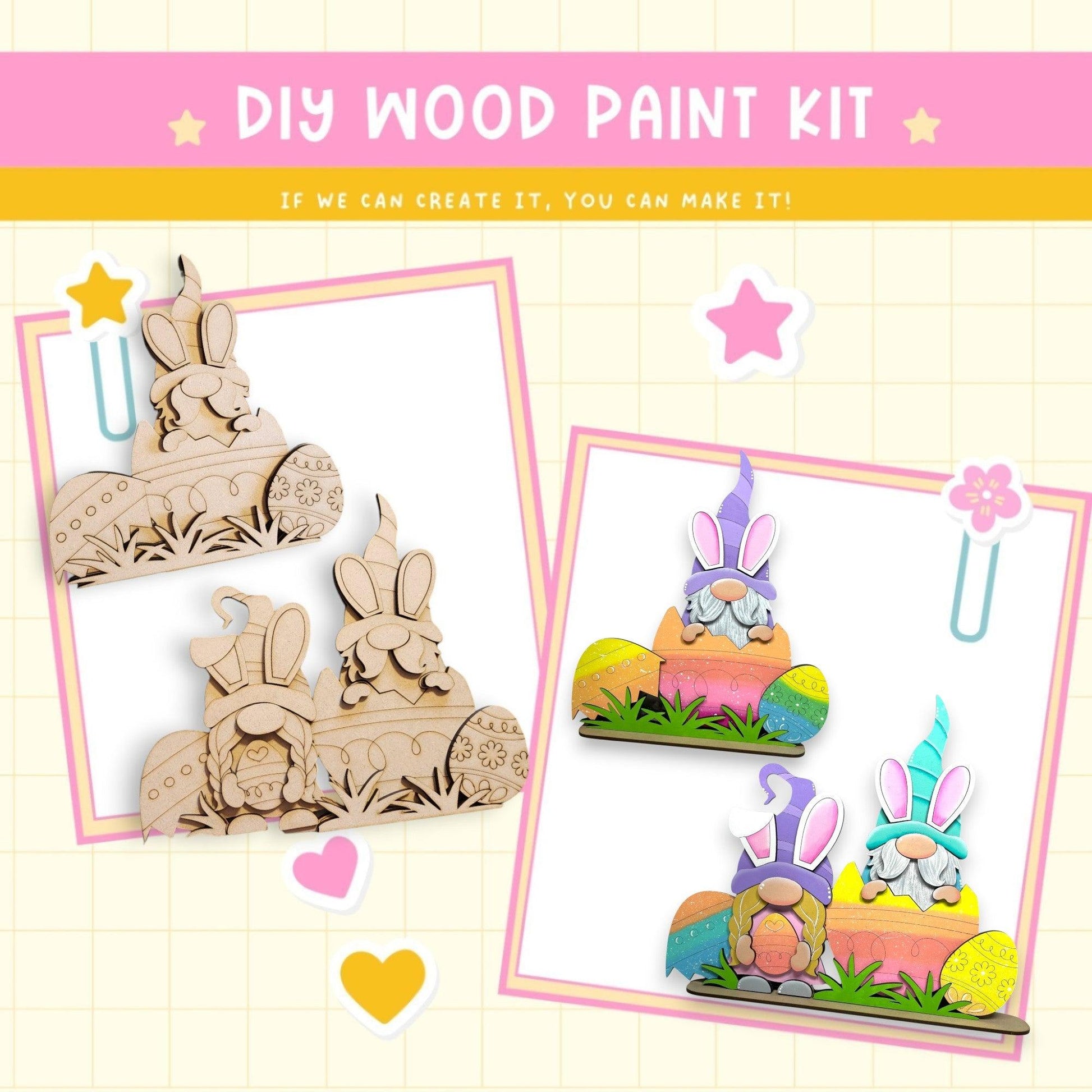 a picture of a wooden craft kit with some bunny decorations