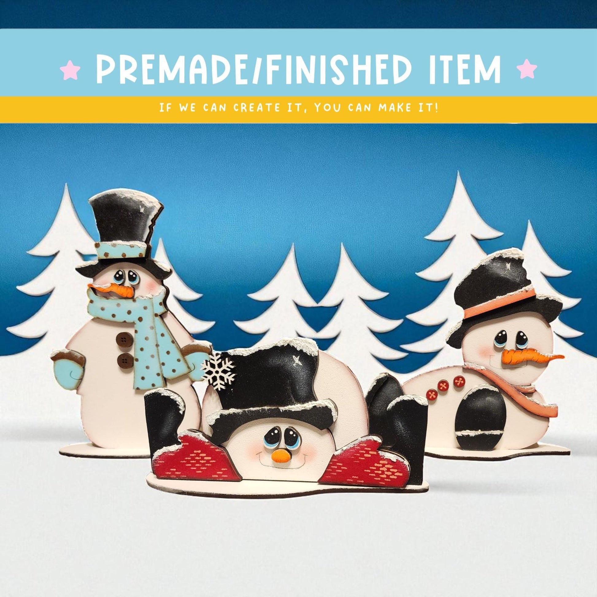 three snowmen, each with different accessories and clothing, set against a snowy landscape with pine trees in the background.