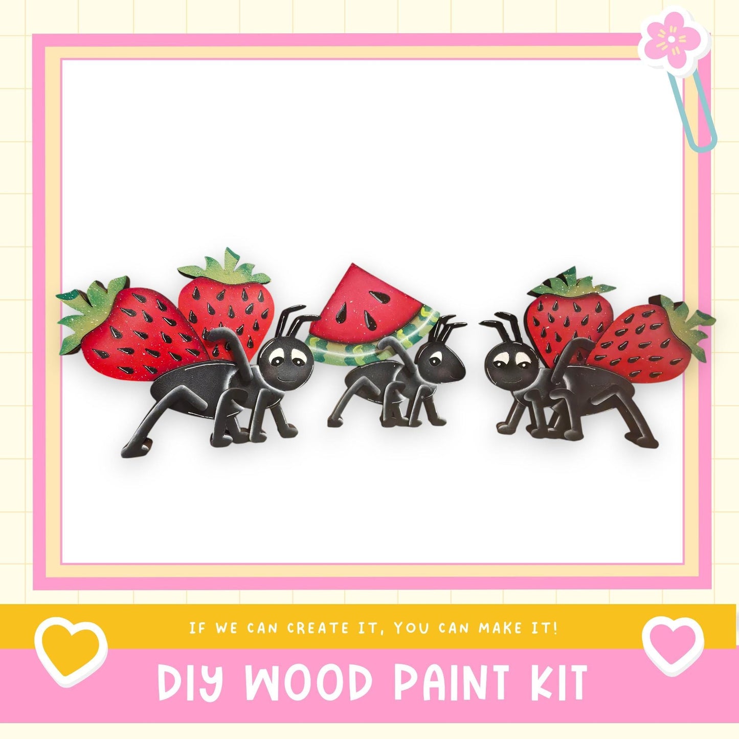 The image is a DIY wood paint kit featuring a colorful and whimsical design of cartoon-style insects, including ants and a strawberry, set against a white background.