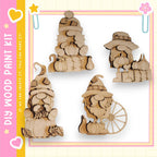 four wooden gnome figurines, each with unique features such as hats, glasses, and accessories. The gnomes are arranged in a square frame, creating a visually appealing display.