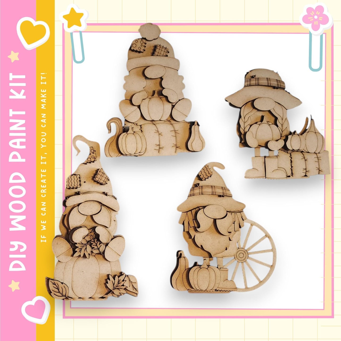 four wooden gnome figurines, each with unique features such as hats, glasses, and accessories. The gnomes are arranged in a square frame, creating a visually appealing display.