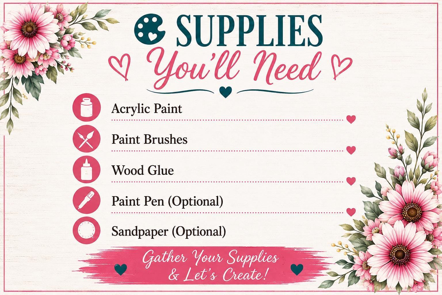 The image is a list of supplies needed for a craft project, with a floral border on the left side.