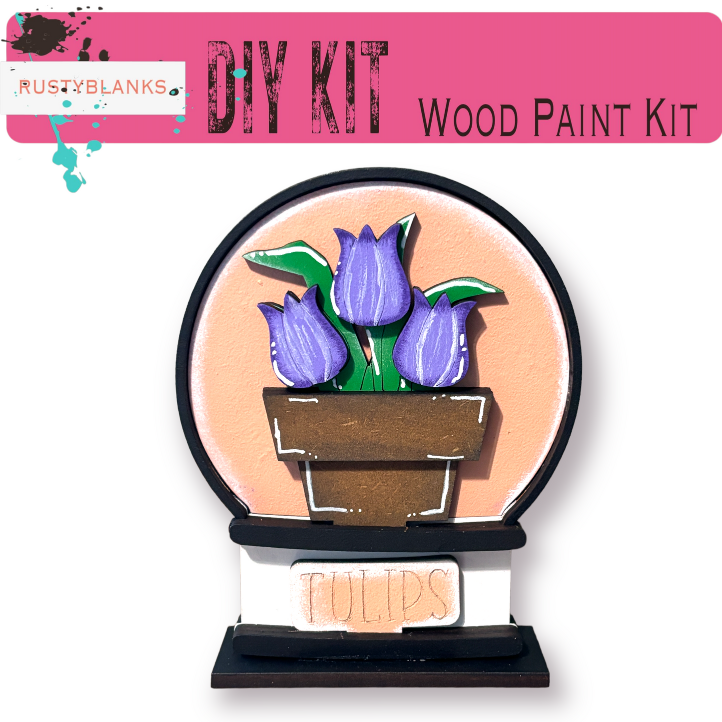 The image is a DIY kit for a wood paint kit, featuring a wooden pot with purple tulips painted on it.