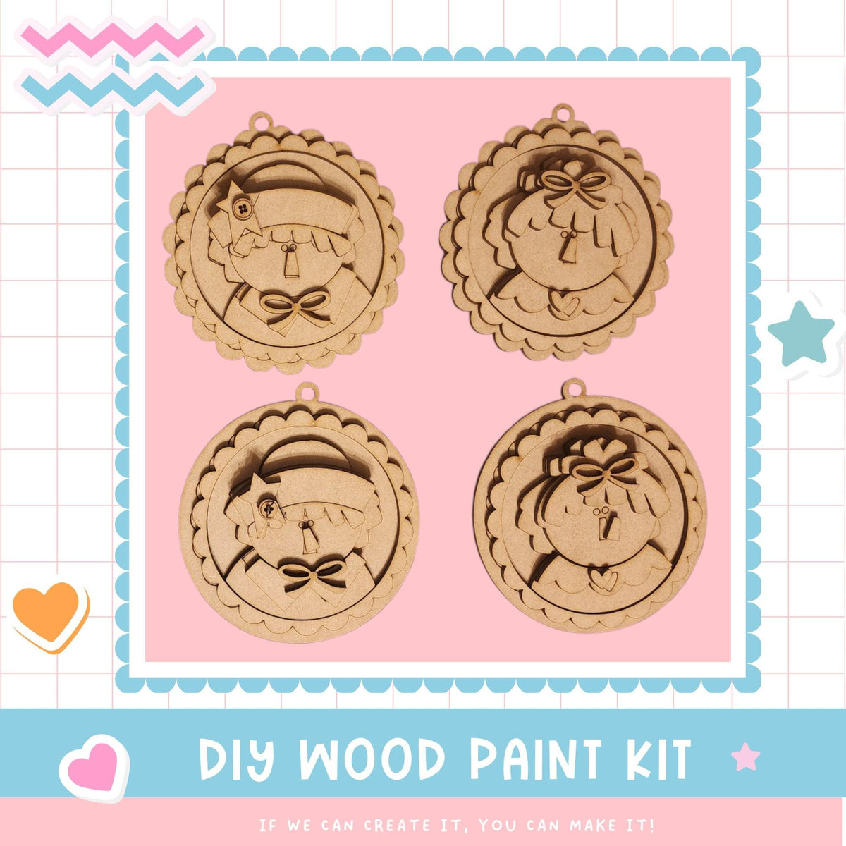 a set of three wooden cutouts of a girl with a bow on her head