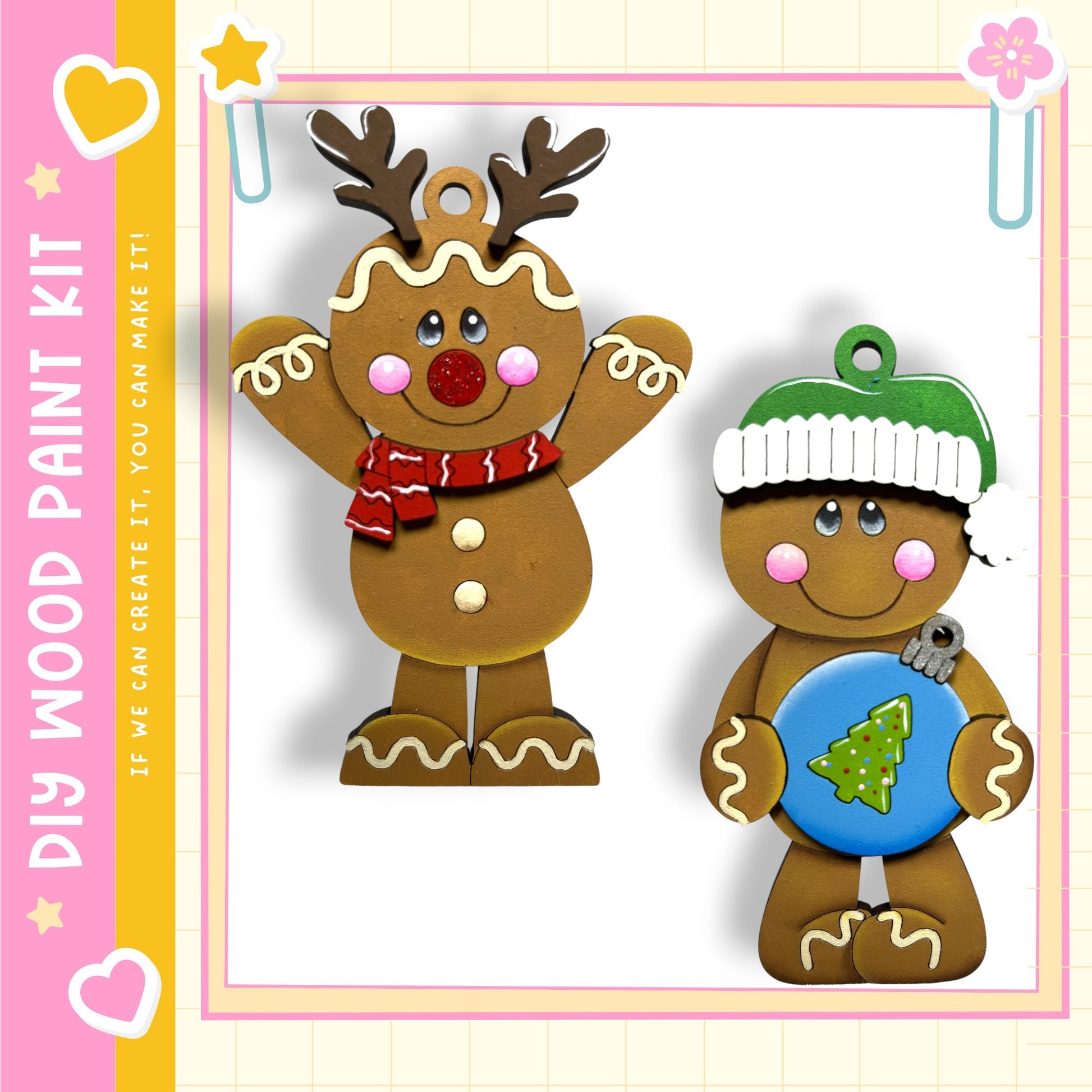 two gingerbread man ornaments, one with antlers and the other with a Christmas tree, both holding ornaments.