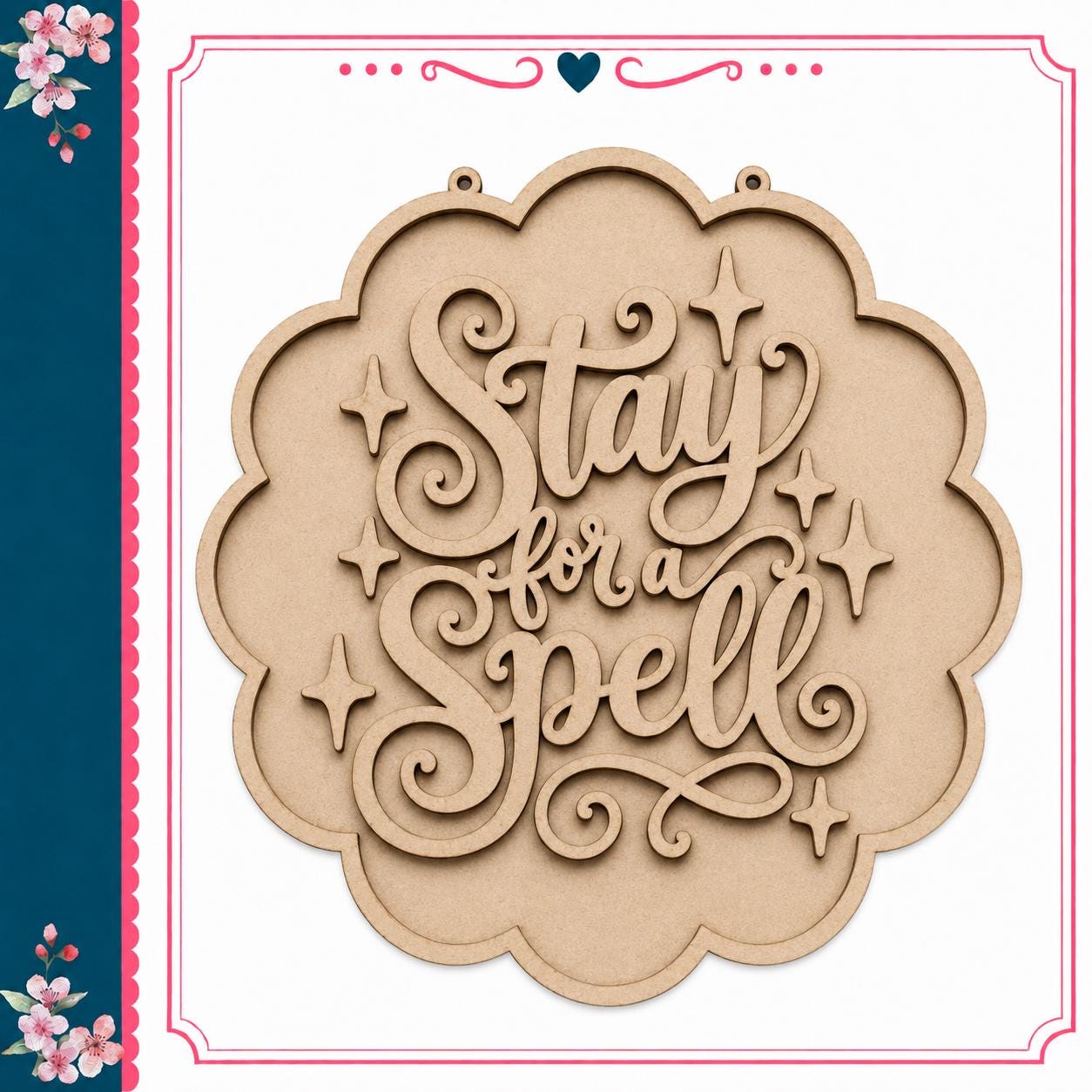 a wooden sign with the text "Stay for a Spell" carved into it.