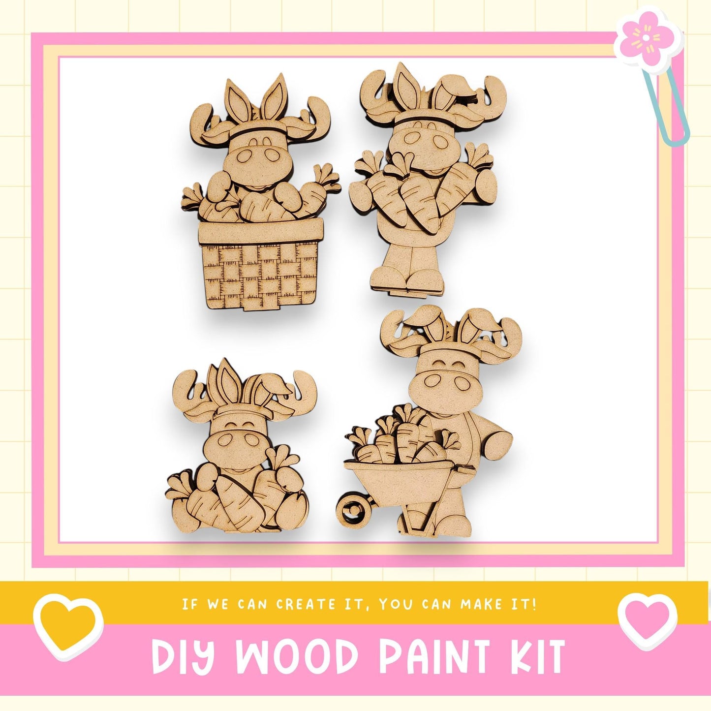 The image is a DIY wood paint kit featuring four wooden animal figurines, including a moose, a bear, a deer, and a rabbit, each holding carrots. The kit appears to be designed for children to create their own wooden animal characters.