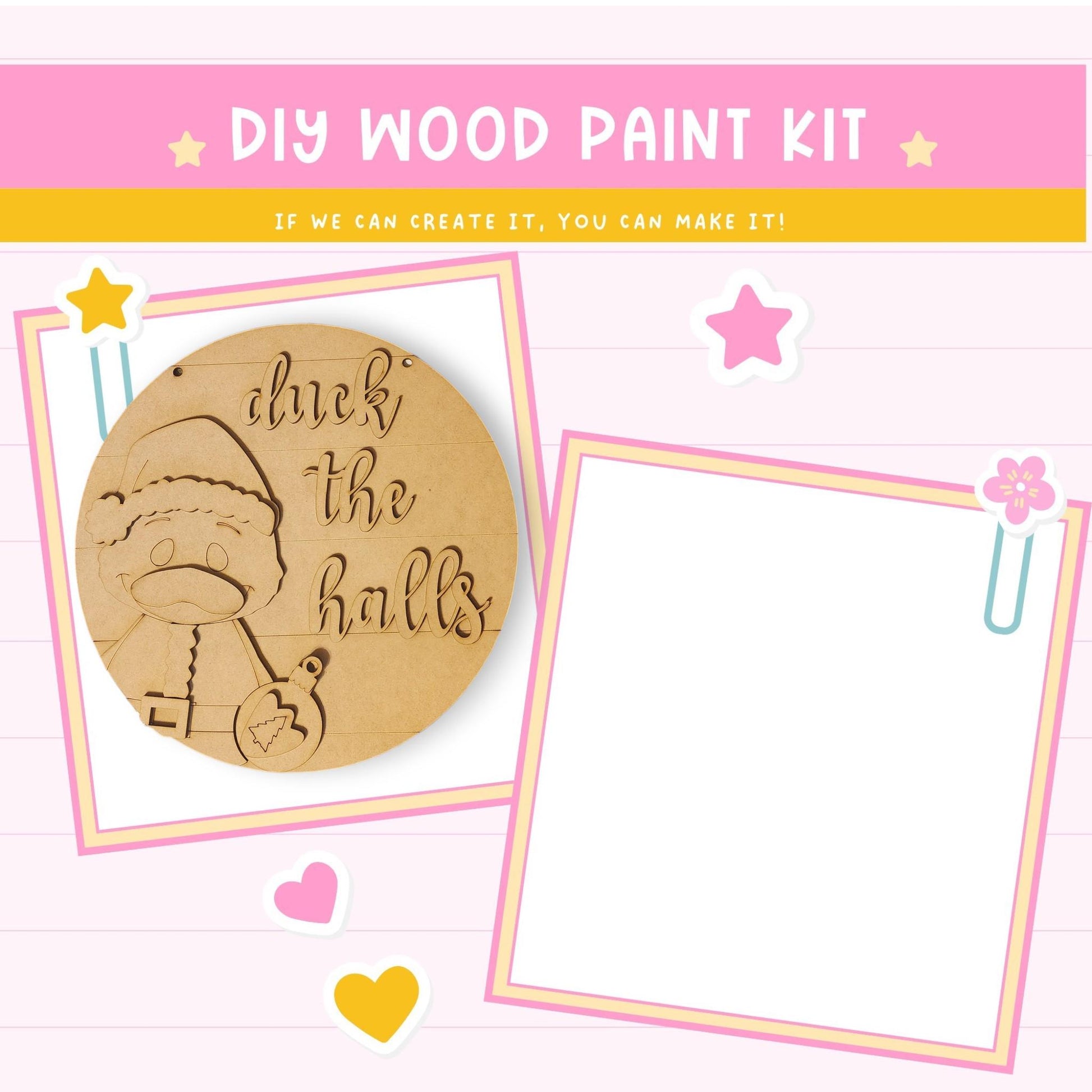 The image is a DIY wood paint kit advertisement with a pink background and a playful, cartoonish style. It features a wooden sign with a cartoon character and a blank white space, along with some decorative elements such as hearts and stars.