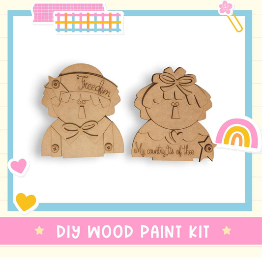 a couple of wooden cut outs sitting next to each other