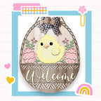 a wooden sign with a chicken in a basket